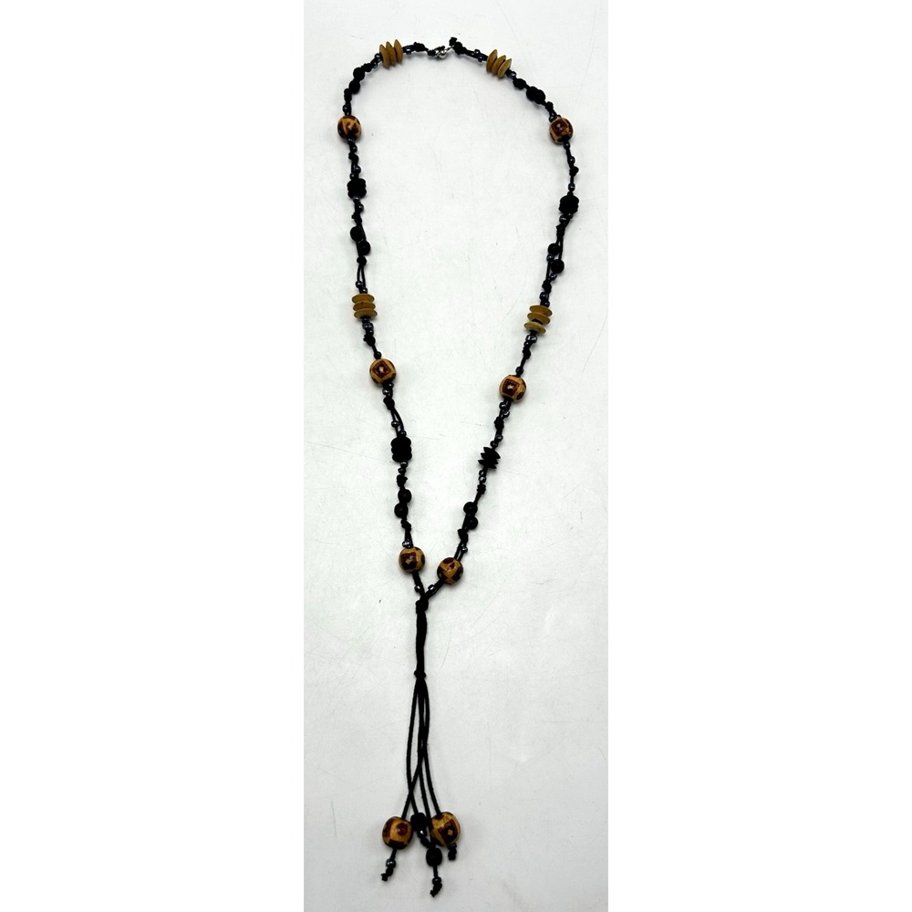 Vintage Wood Bead Lariat Necklace Y Drop Black Knotted Boho Unique Amsterdam